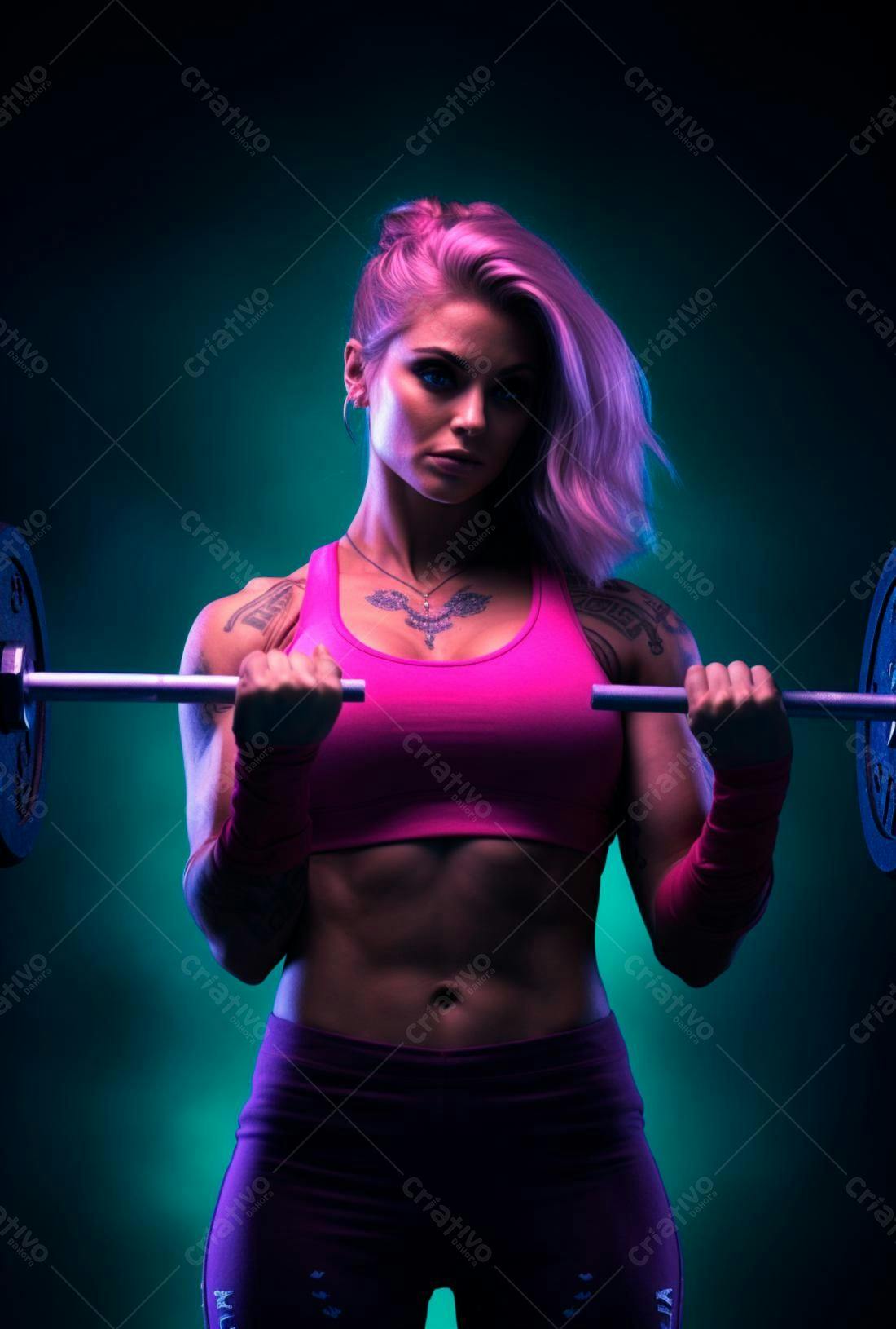 Mulher forte com barra em treino noturno