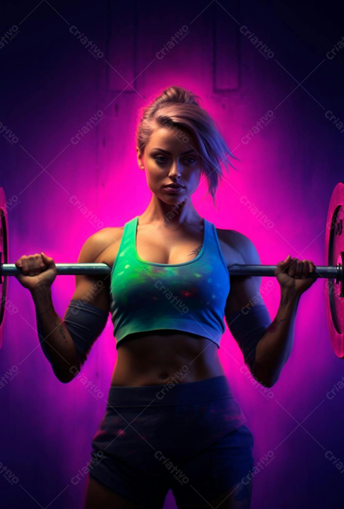 Mulher forte levantando peso rosa e roxo