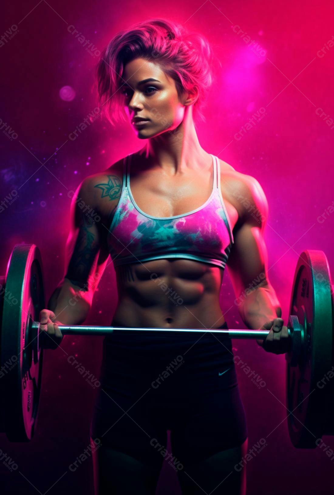 Mulher musculosa com halteres rosa