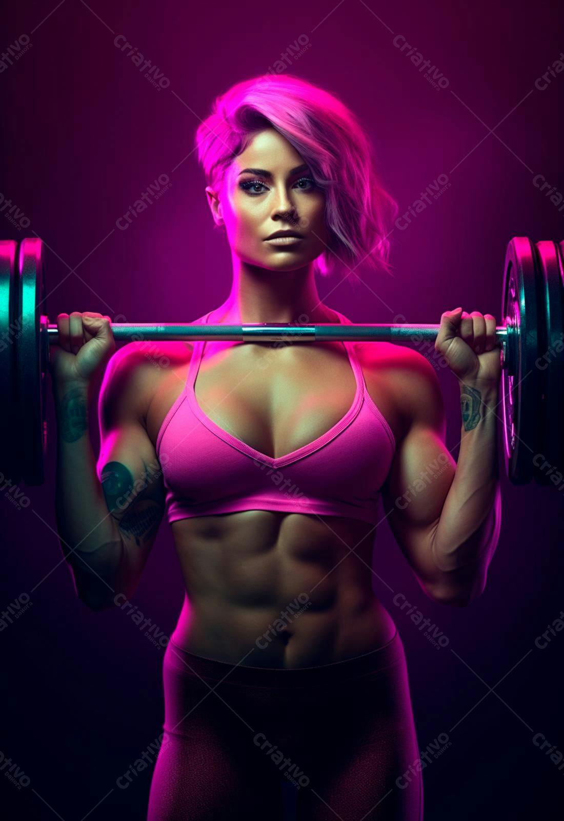 Mulher musculosa com barra rosa e roxo
