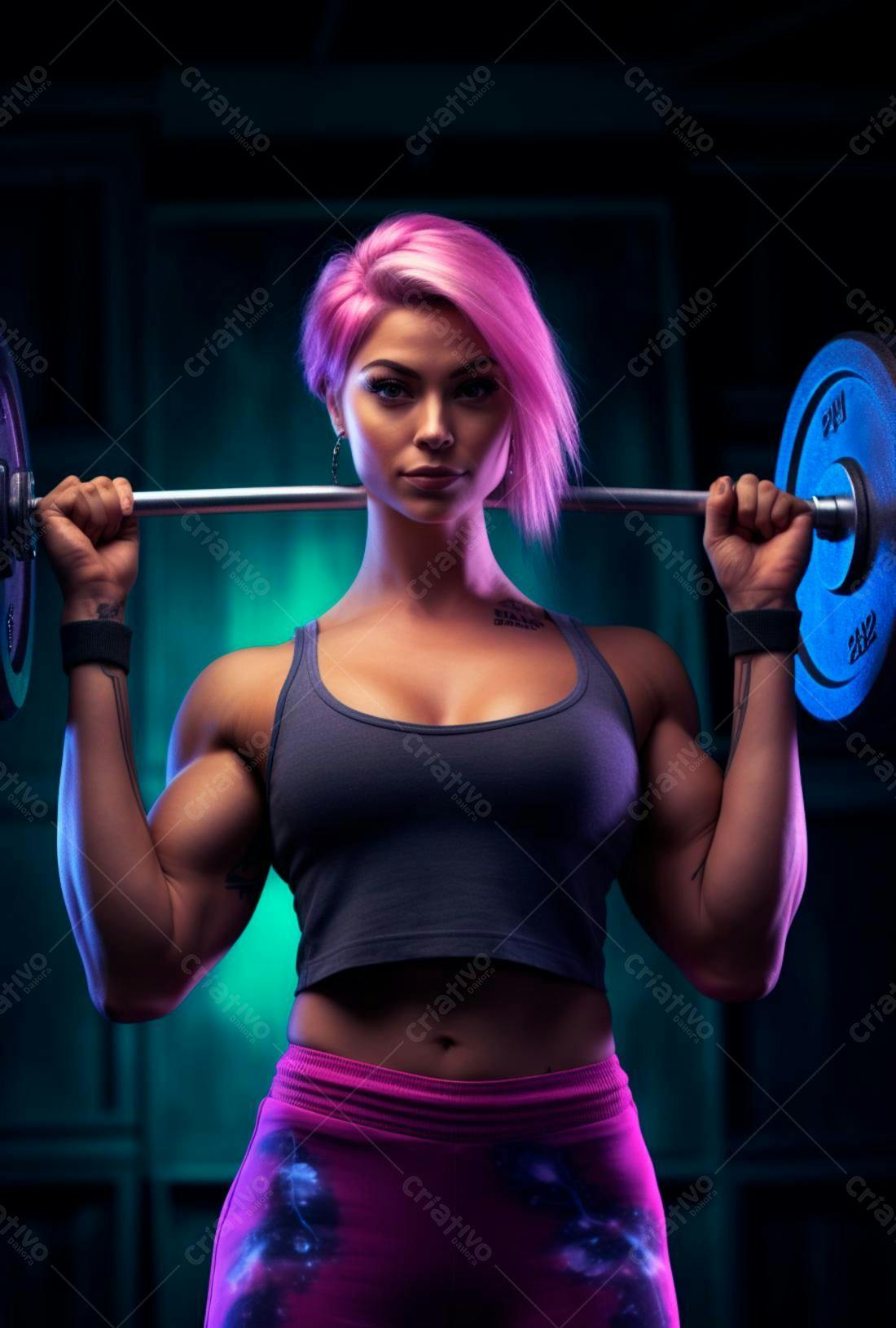 Mulher musculosa com cabelo rosa levantando peso