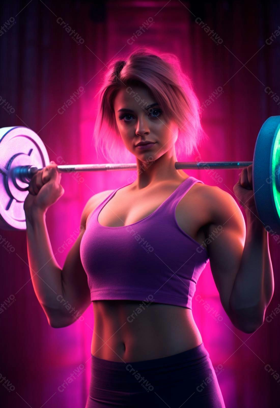 Mulher forte com barra em iluminação neon