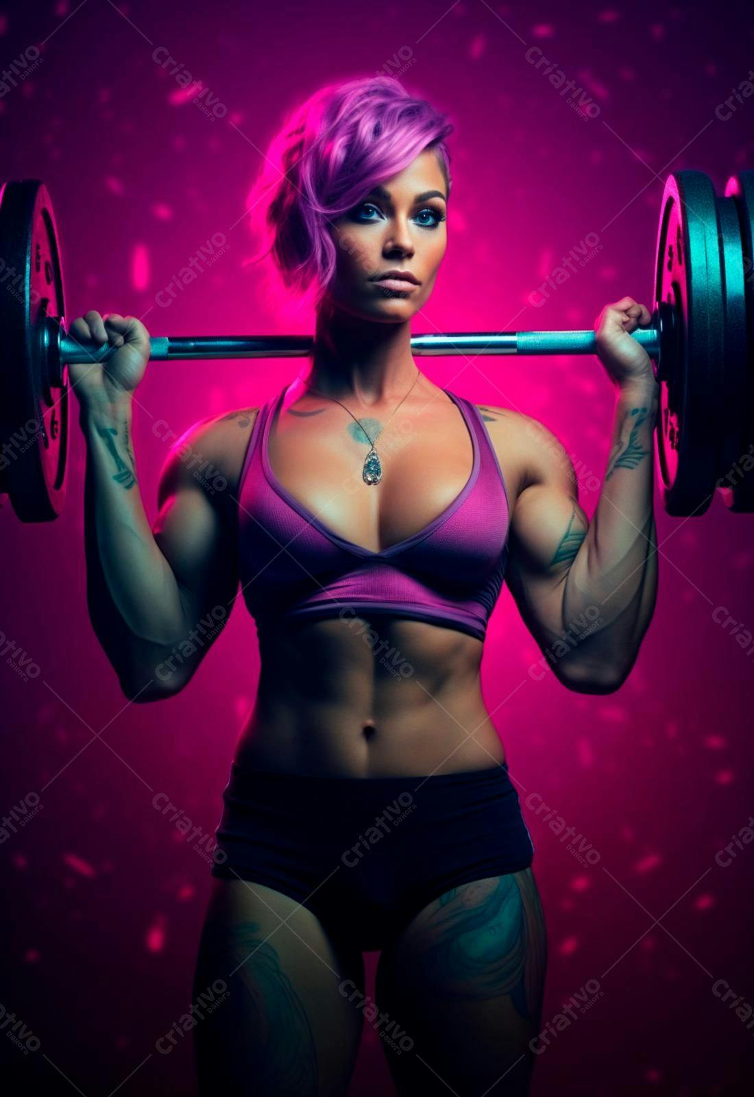 Mulher musculosa com barra rosa e roxo