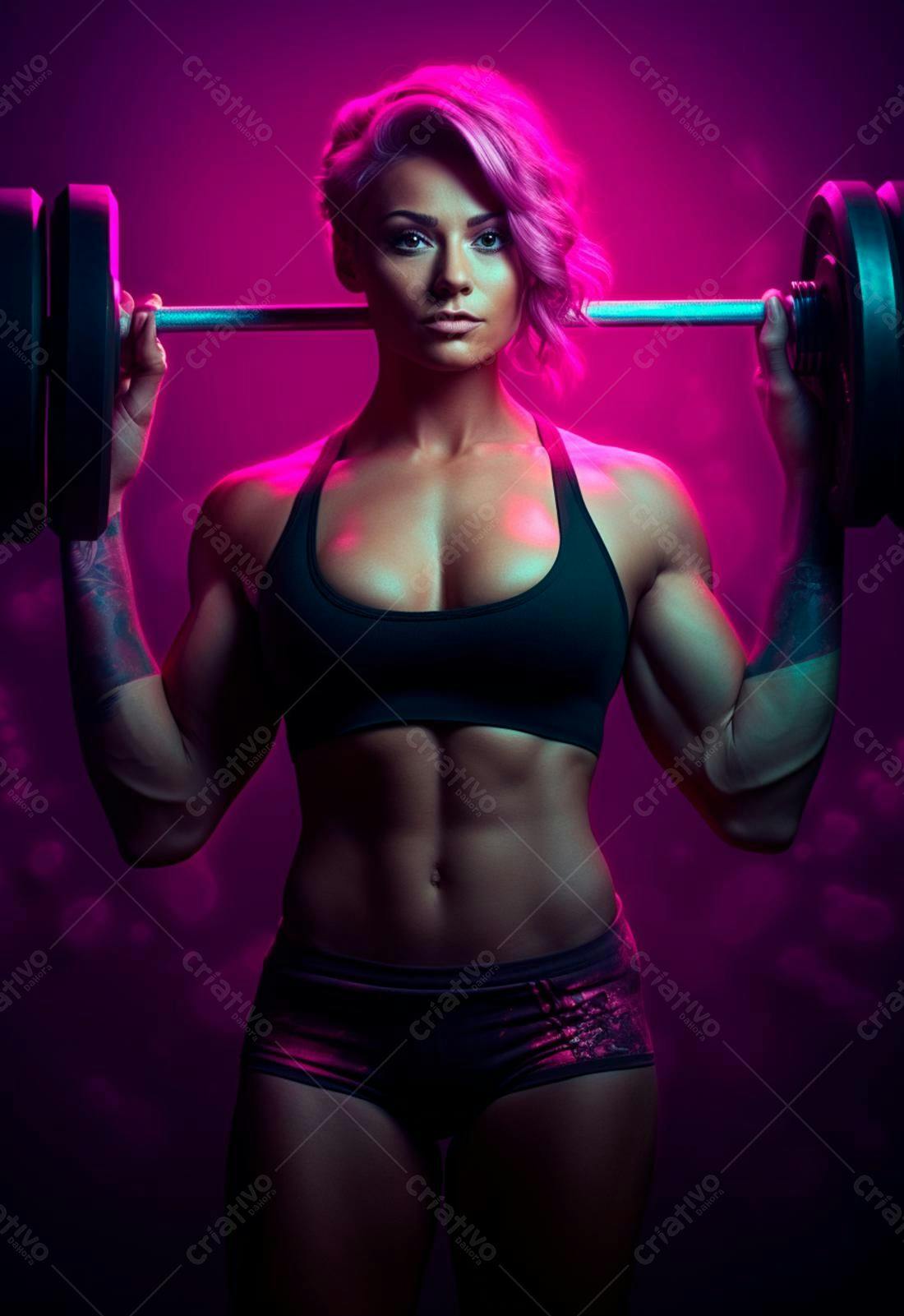 Mulher musculosa com halteres rosa e roxo
