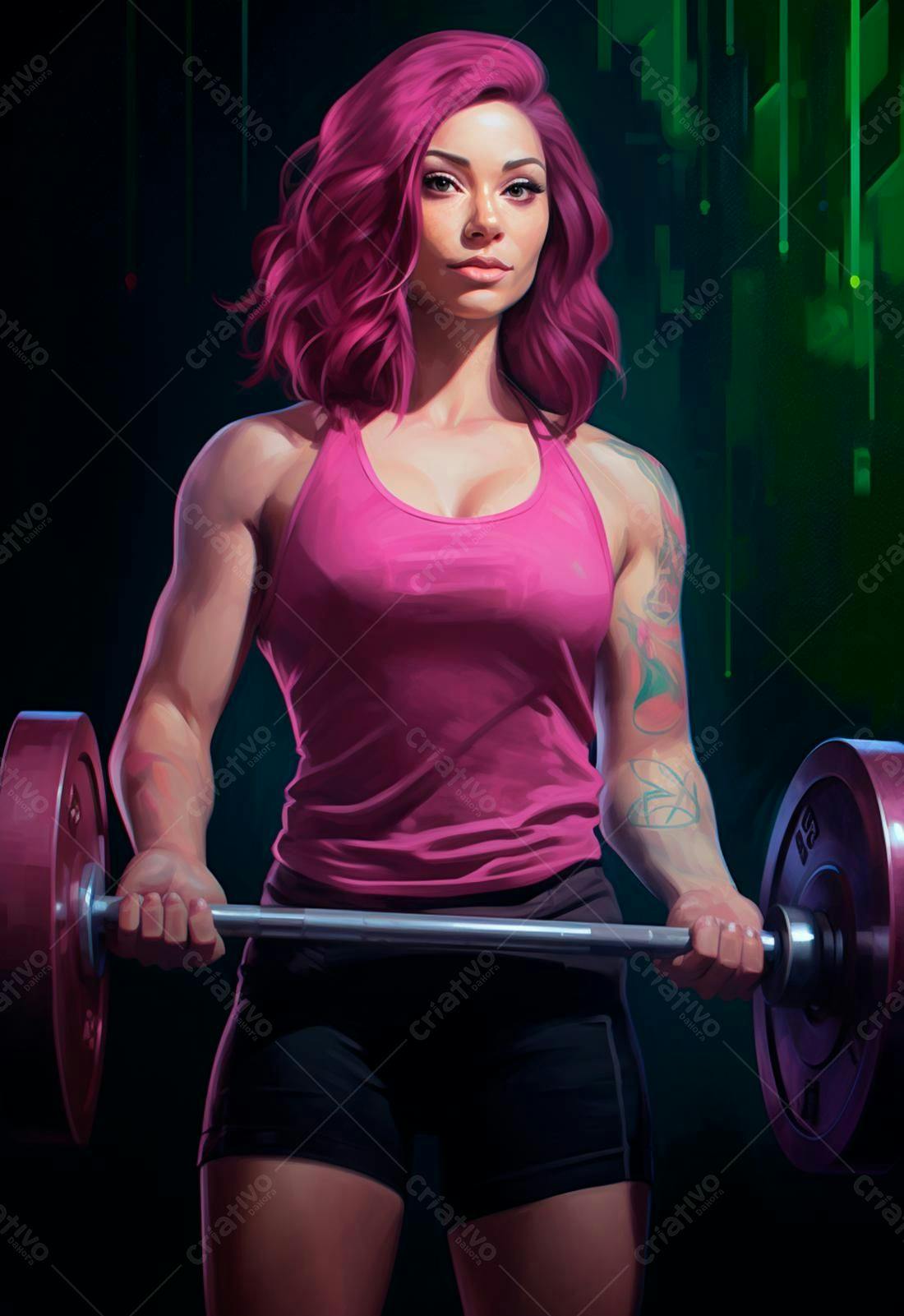 Mulher forte com halteres rosa e preto