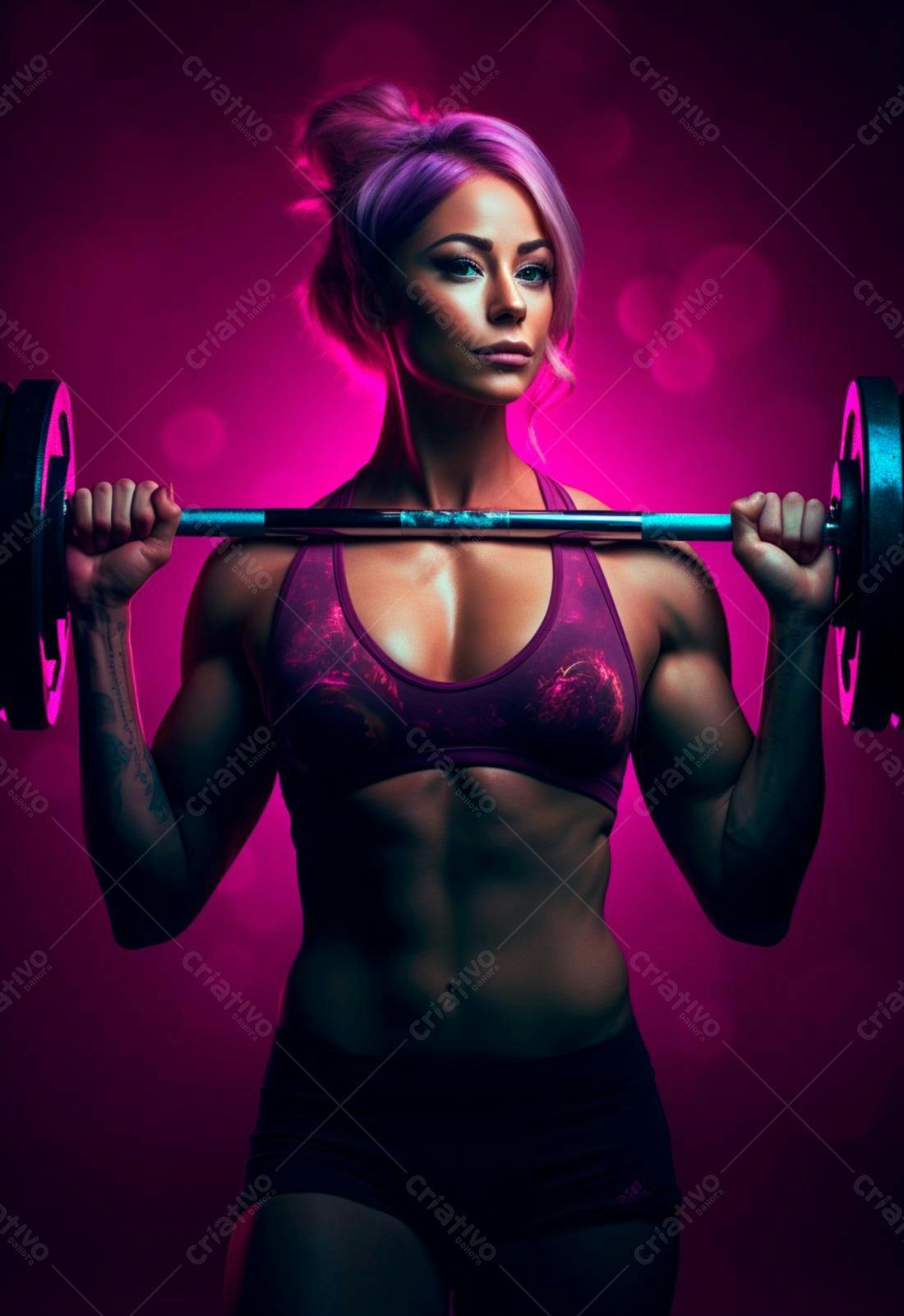 Mulher musculosa com barra fundo rosa