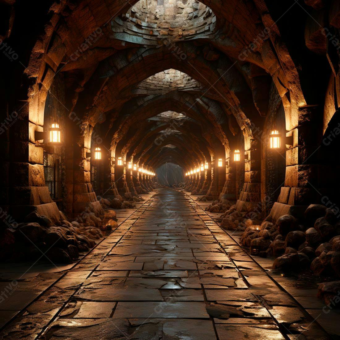 Túnel medieval iluminado a luz de lampiões
