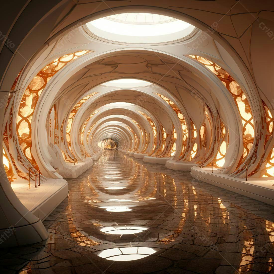 Corredor futurista branco e dourado