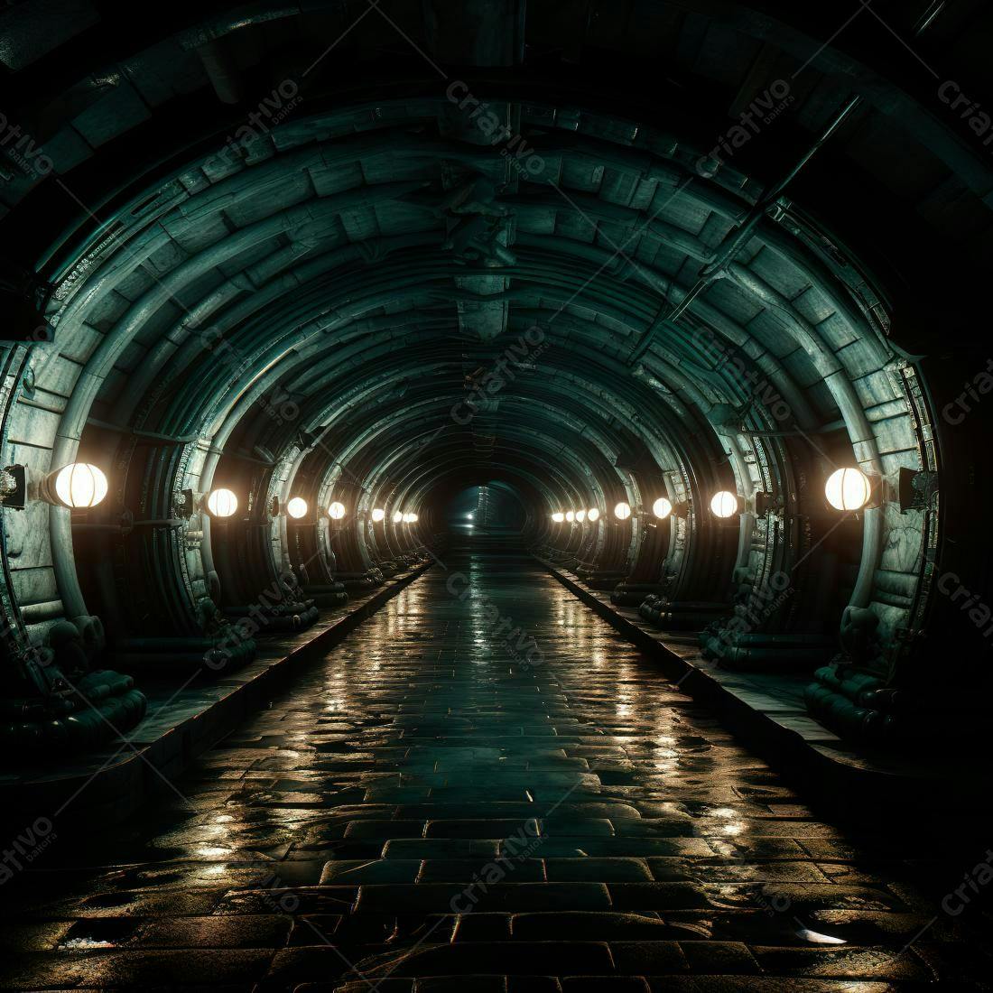 Túnel subterrâneo misterioso com iluminação amarela