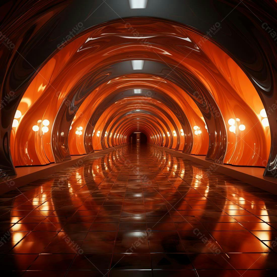 Túnel futurista laranja e metálico
