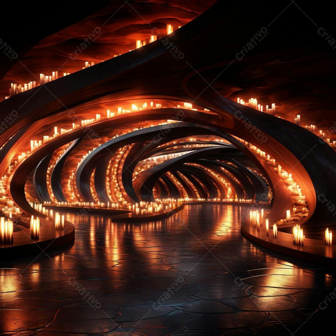 Túnel espiral com velas iluminadas