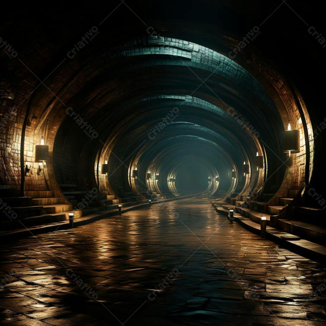 Túnel subterrâneo misterioso com iluminação dourada