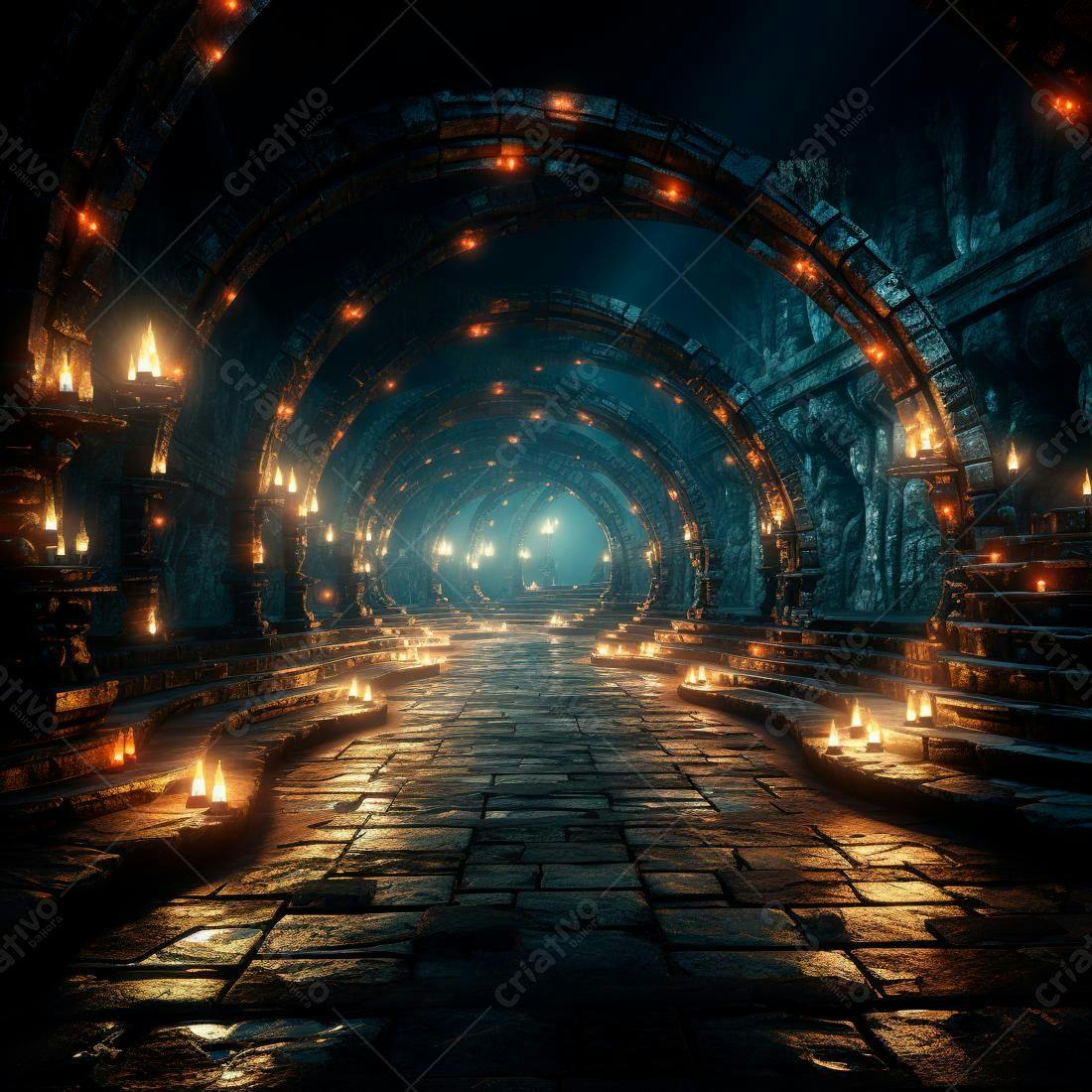 Caminho iluminado por velas em templo antigo