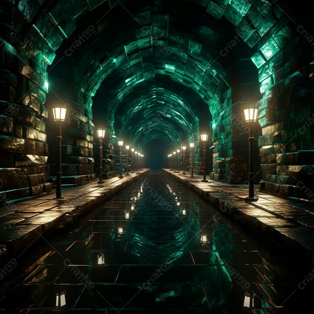 Túnel medieval iluminado com luzes verde-azuladas
