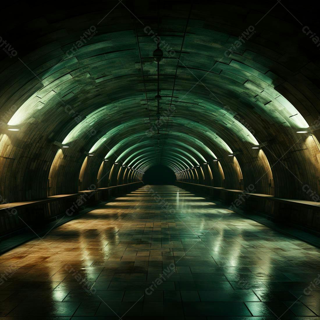 Túnel subterrâneo misterioso com iluminação verde