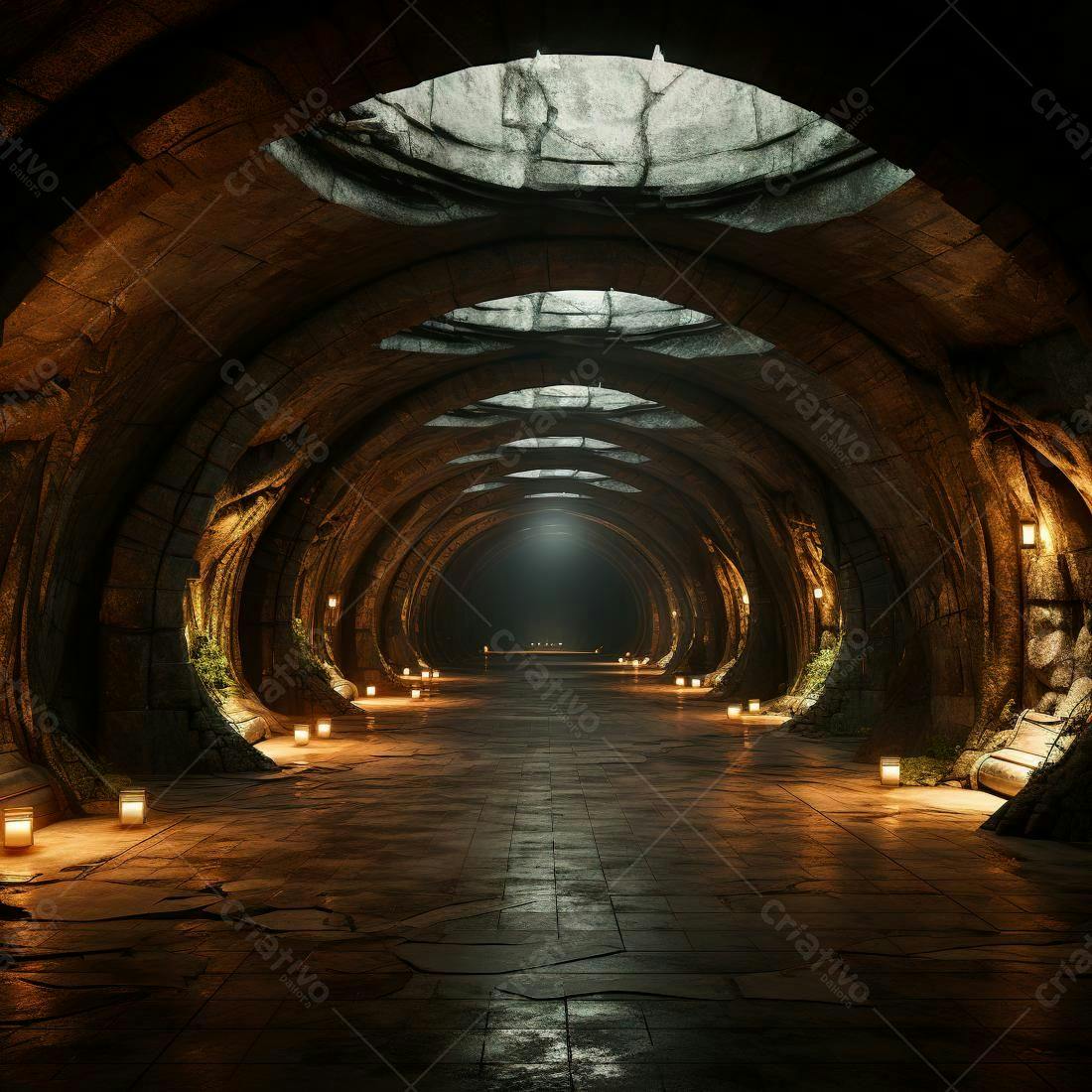 Túnel de pedra iluminado com velas