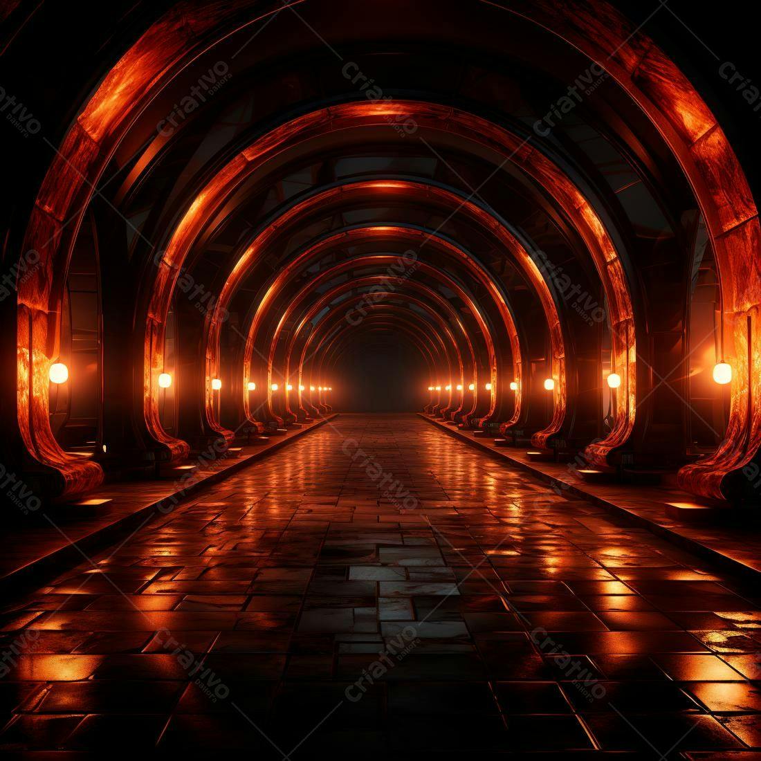 Corredor futurista com iluminação laranja