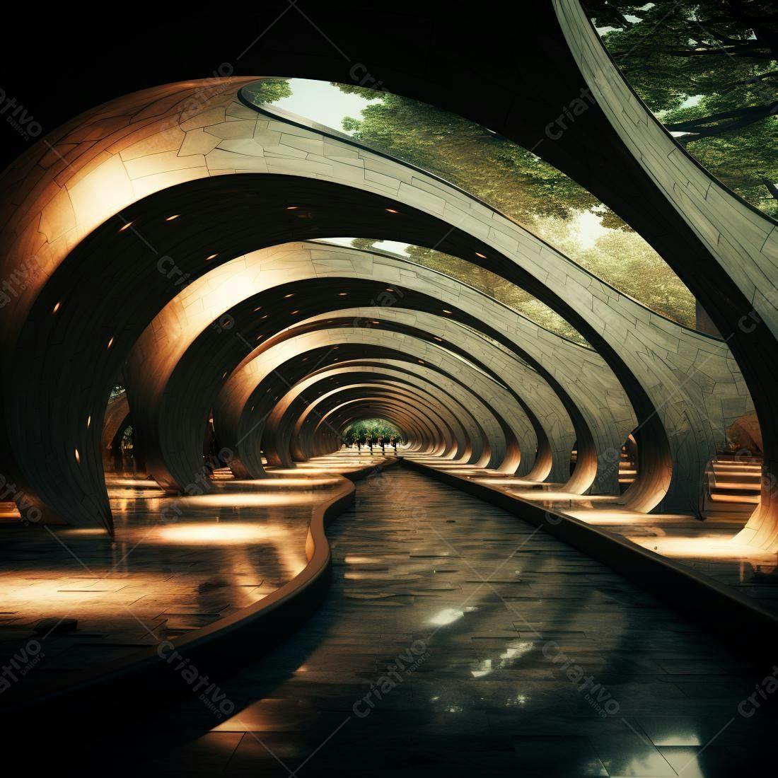 Túnel arquitetônico moderno com árvores