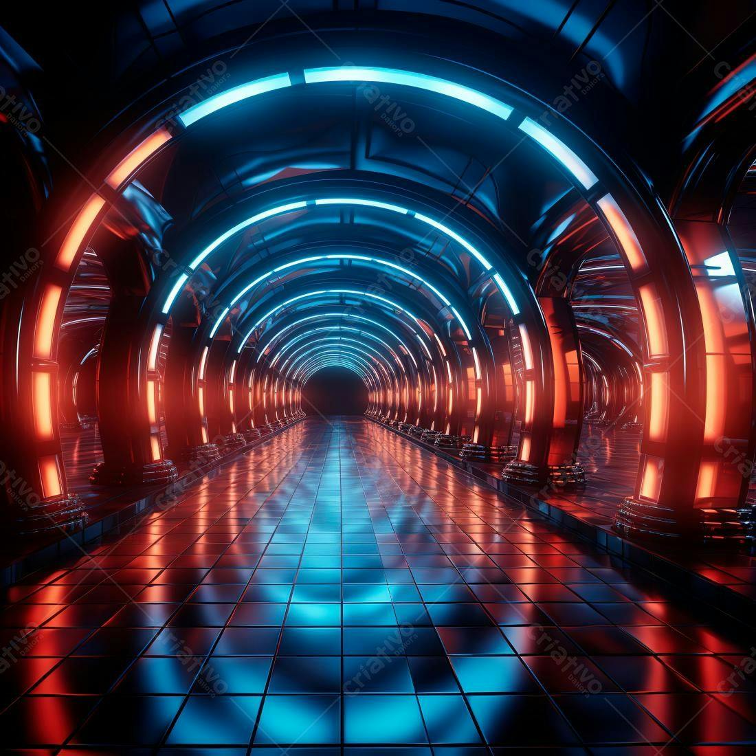 Túnel futurista com luzes neon azuis e vermelhas