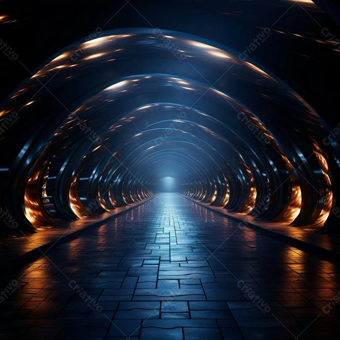 Túnel futurista com iluminação azul e laranja