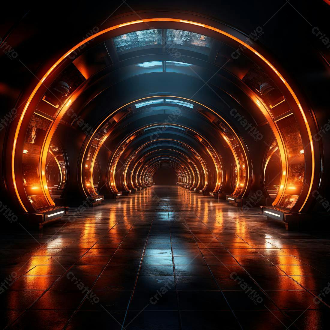 Corredor futurista laranja e azul escuro