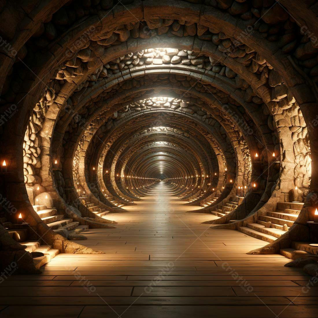 Túnel de pedra iluminado por velas