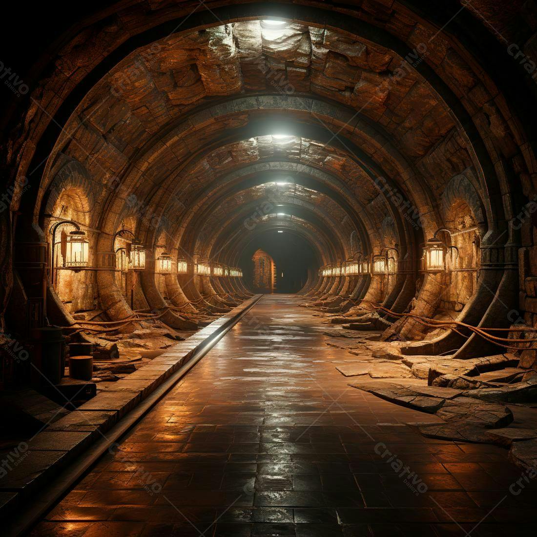 Túnel antigo de pedra iluminado com lanternas
