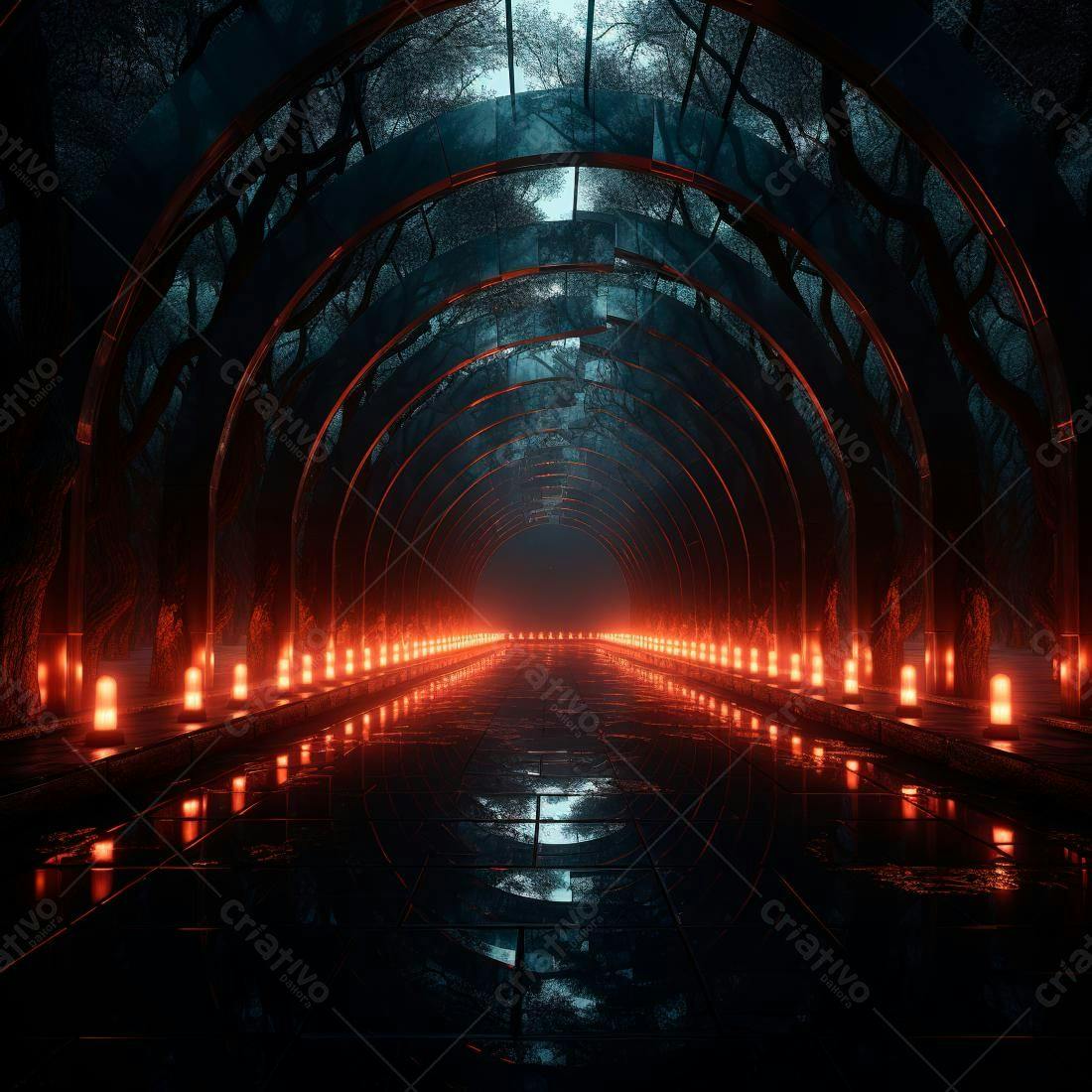 Túnel arqueado com luzes laranja noturnas