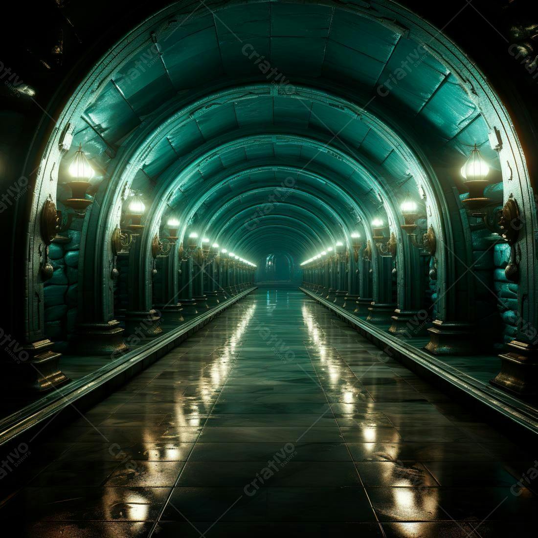 Túnel Verde Escuro com Iluminação Art Déco