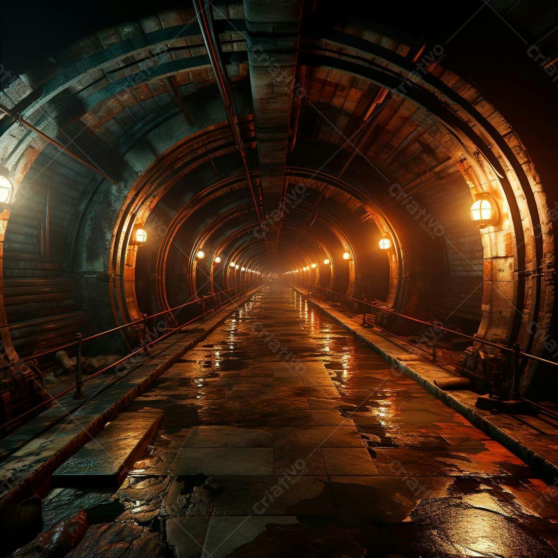 Túnel subterrâneo industrial com iluminação laranja