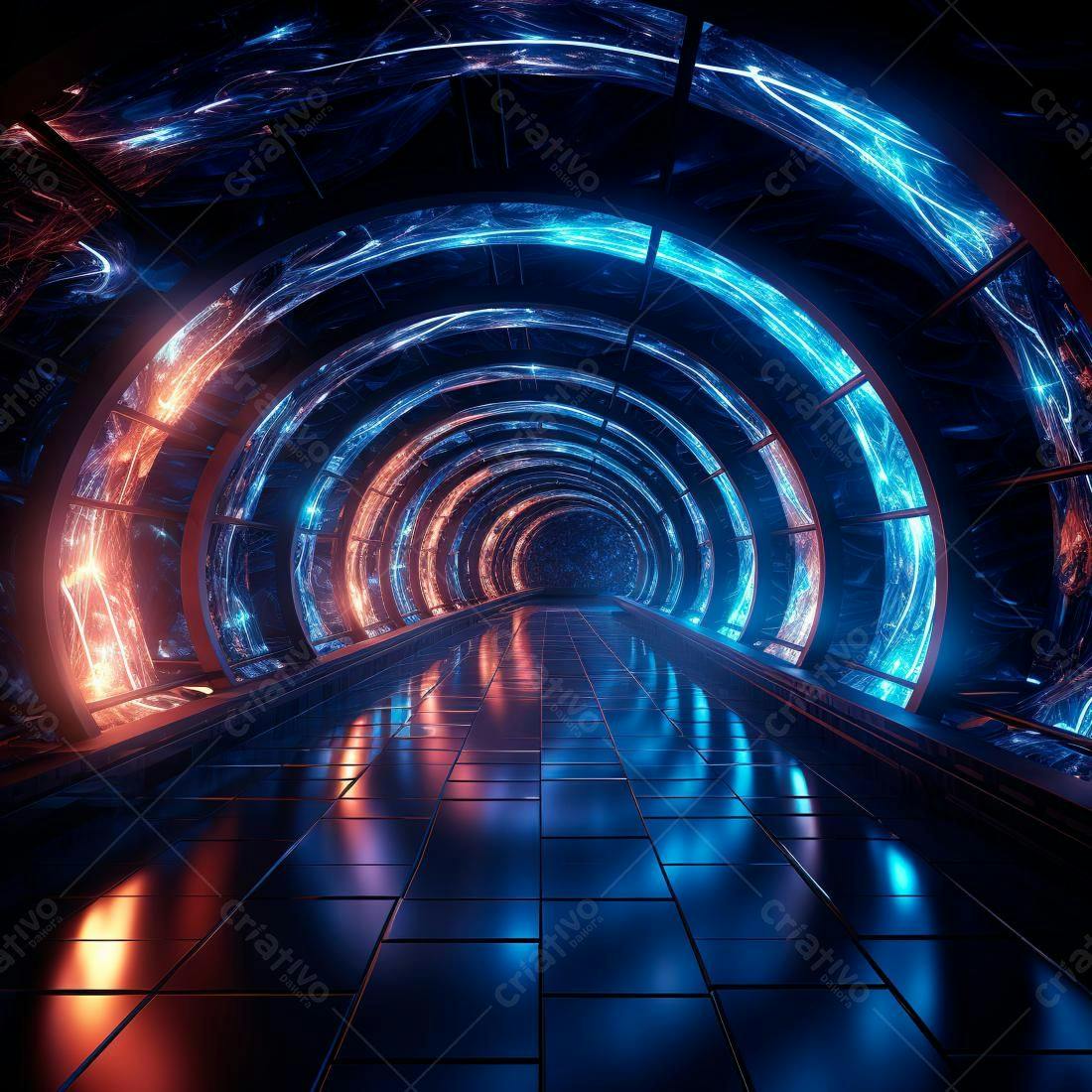 Túnel futurista com luzes azuis e laranjas