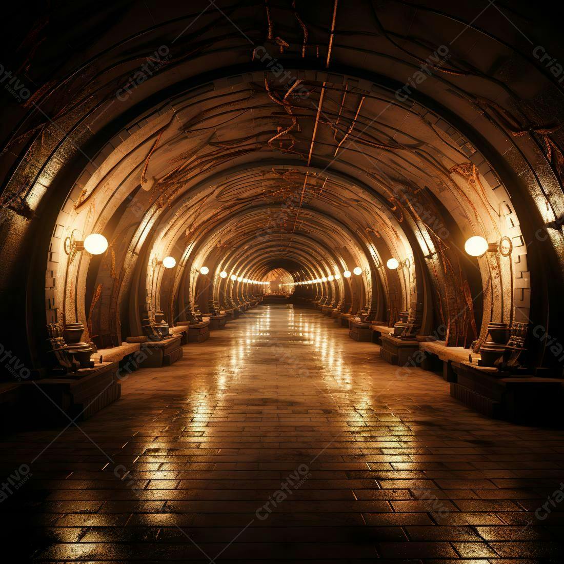Túnel subterrâneo iluminado com lâmpadas antigas