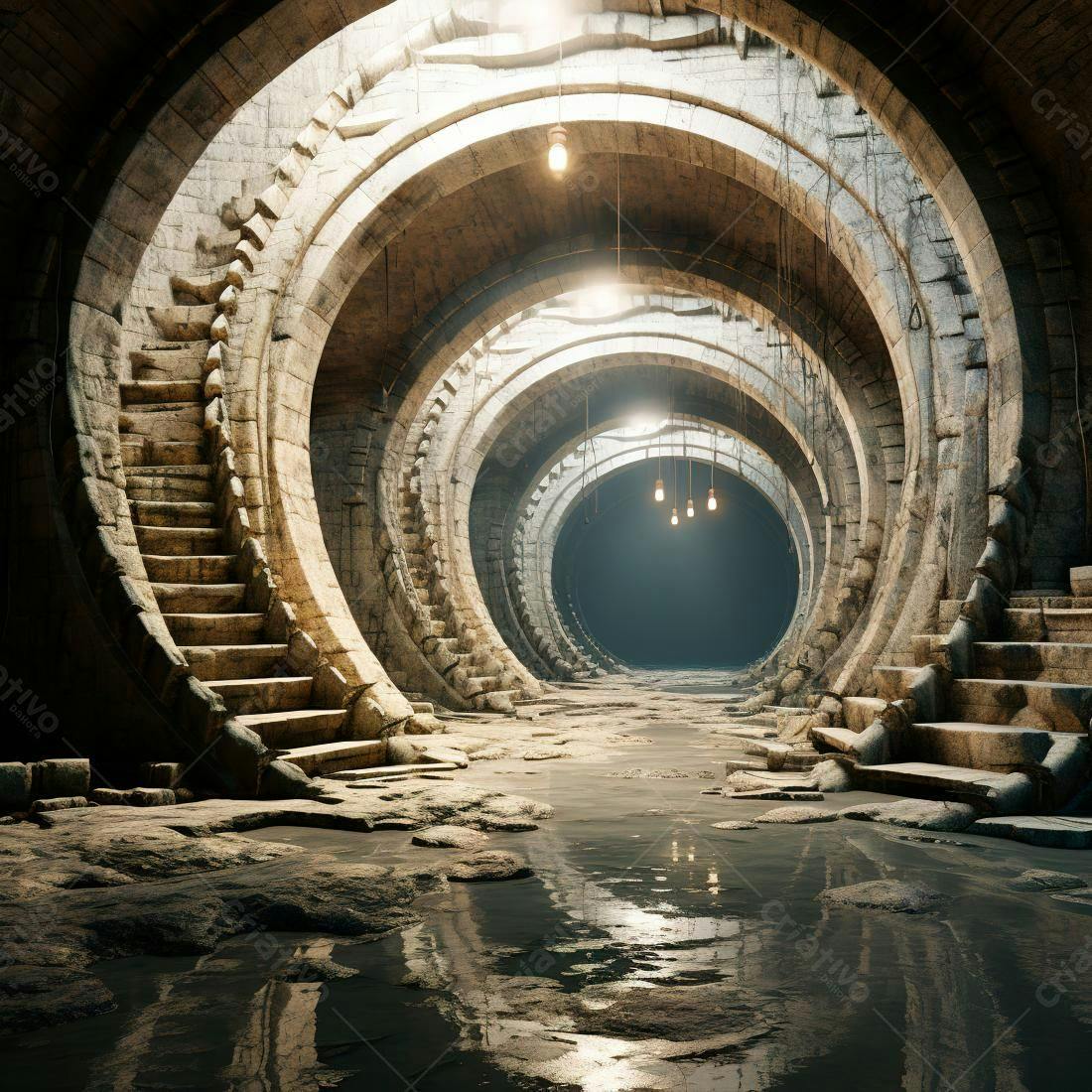 Túnel subterrâneo antigo com escadas e água