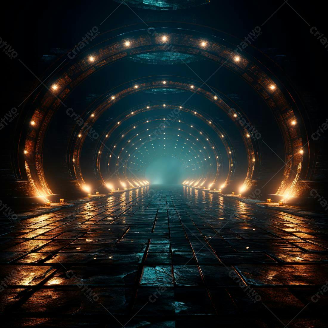 Túnel futurista com luzes douradas e azuis