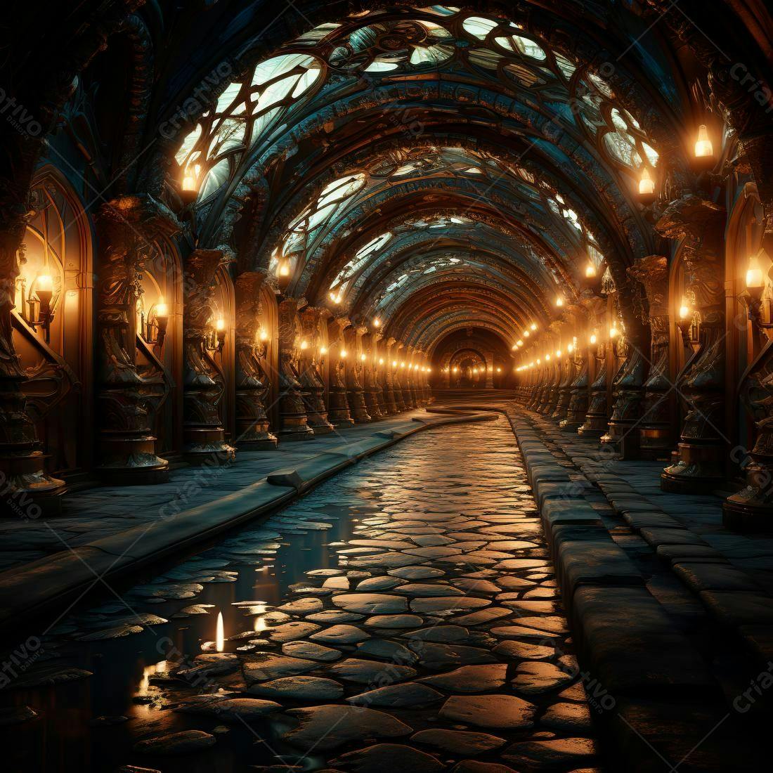 Passagem subterrânea medieval iluminada a velas