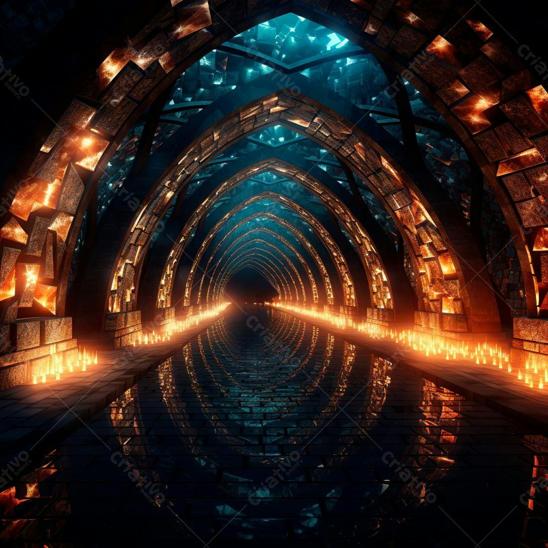 Túnel místico com chamas laranja e azul escuro