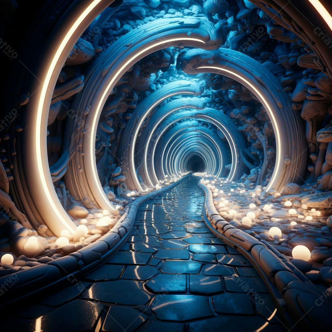 Túnel futurista com iluminação azul e branca