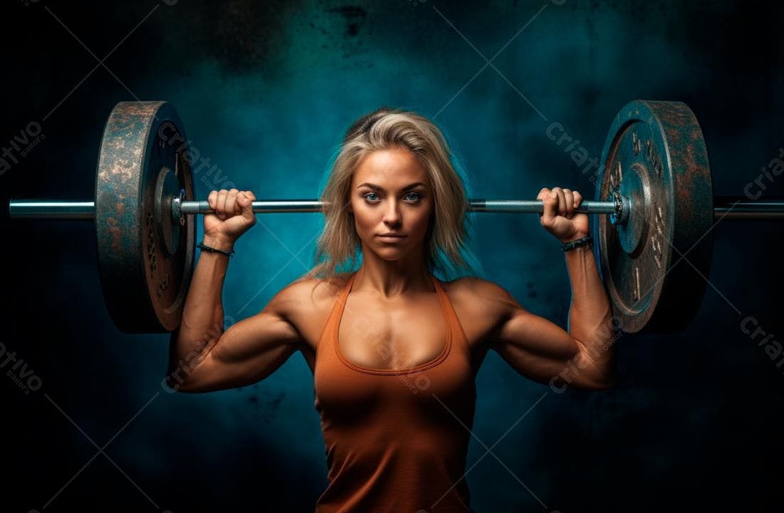 Mulher forte com barra de peso fundo azul