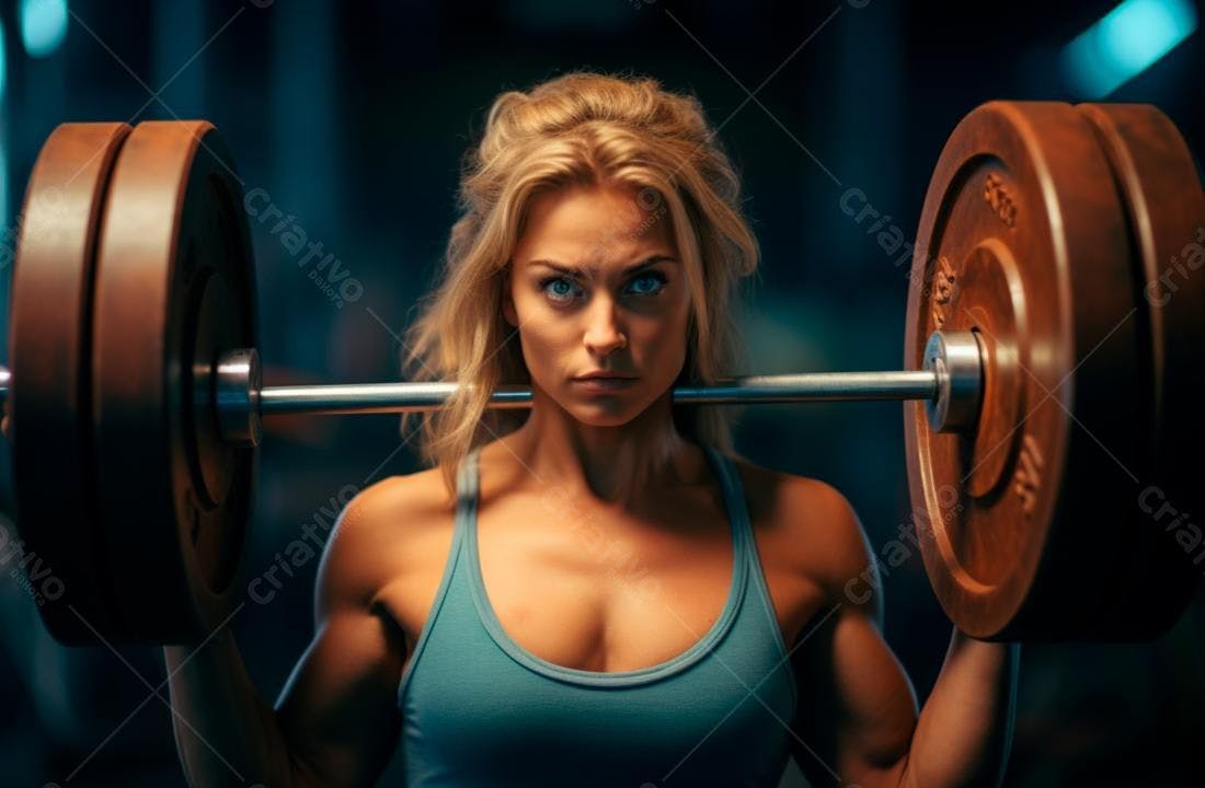 Mulher loira forte com barra academia