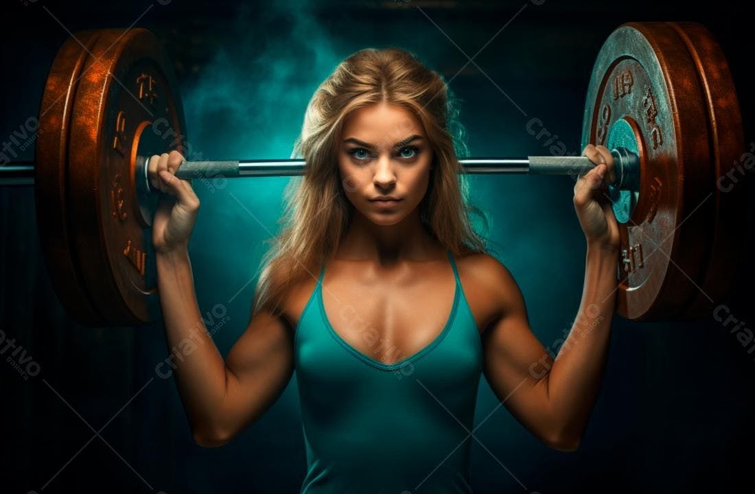 Mulher musculosa com barra academia