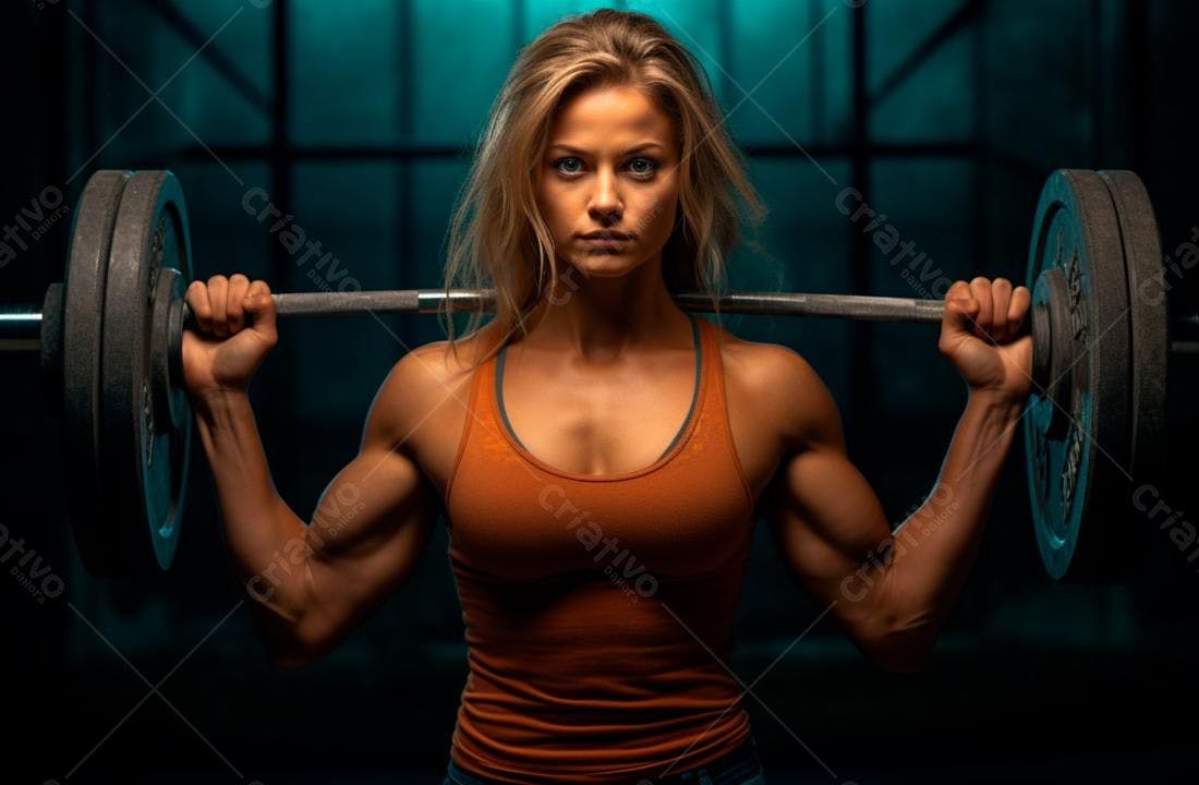 Mulher musculosa com barra academia