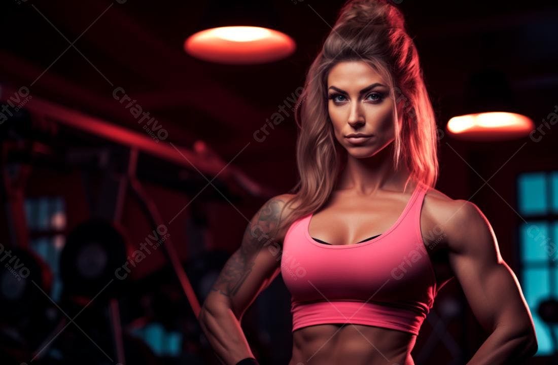 Mulher fisiculturista em academia tons rosa