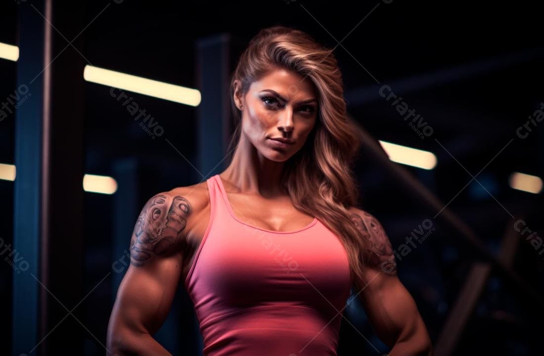 Mulher fisiculturista com tatuagem em academia