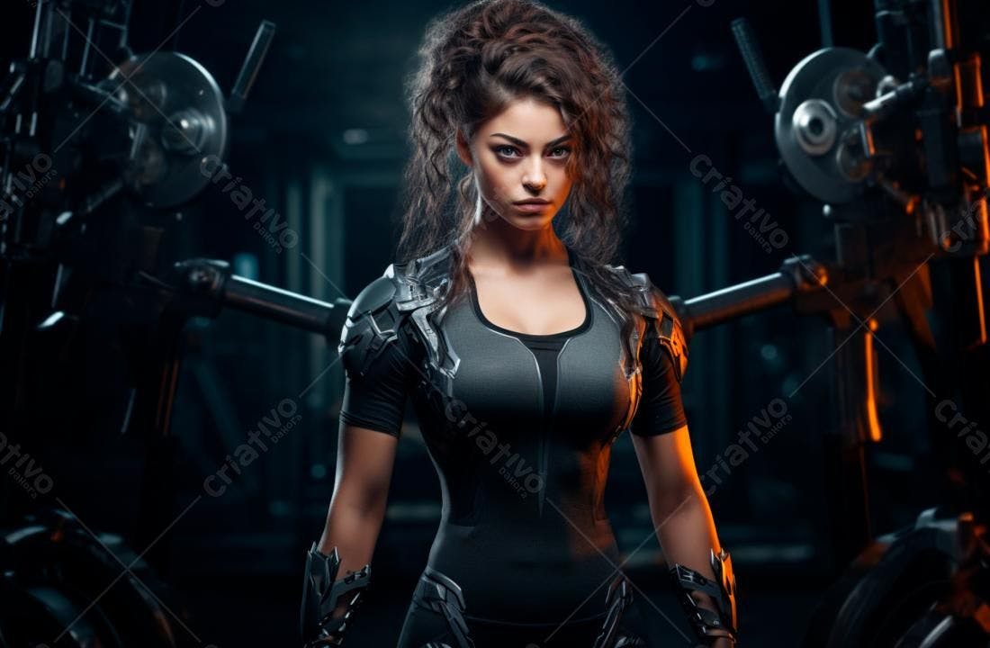 Mulher forte em traje futurista academia