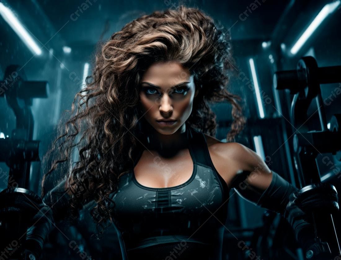 Mulher musculosa na academia treina com foco