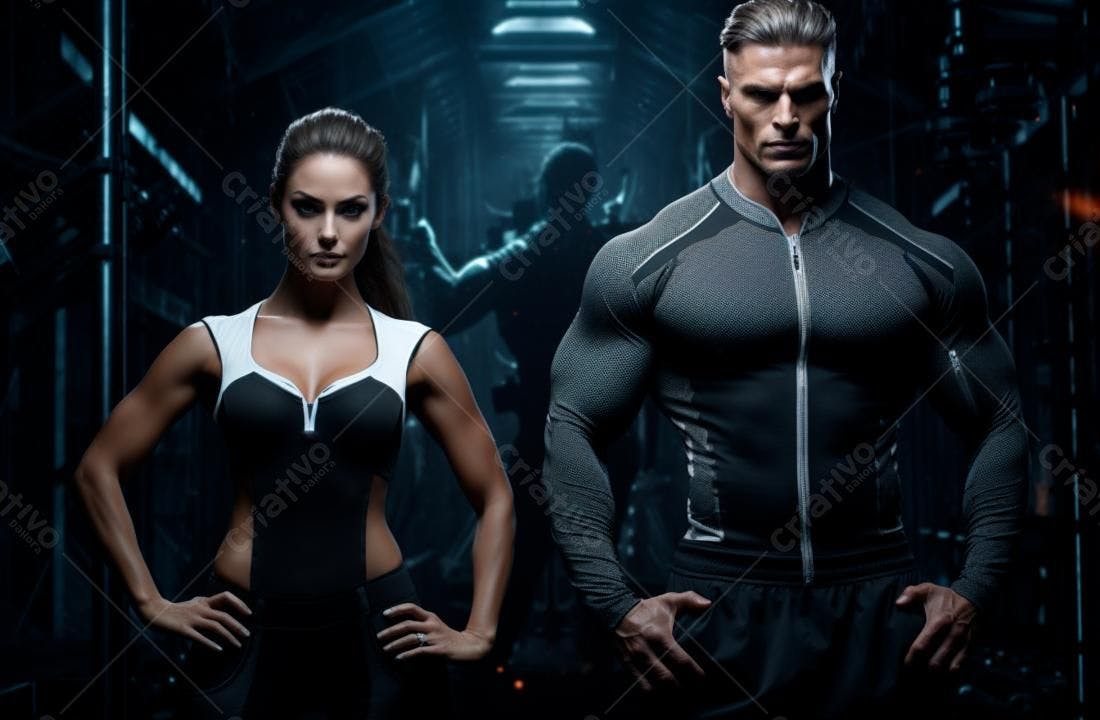 Atletas musculosos em cenário futurista