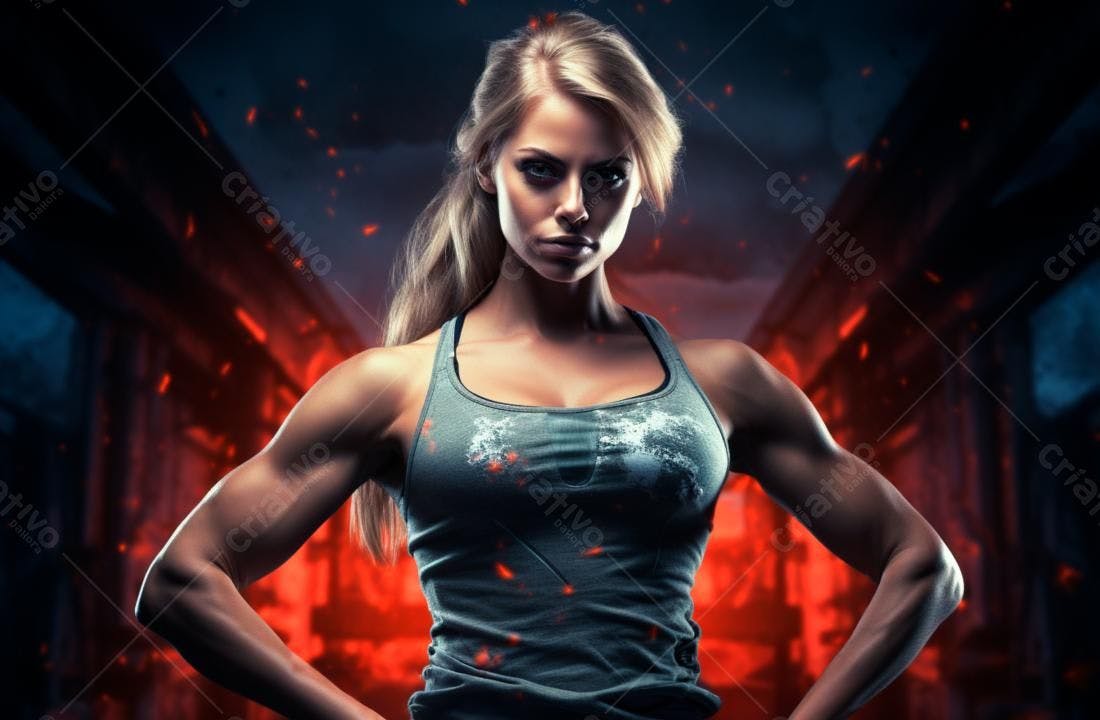 Mulher musculosa em fundo vermelho