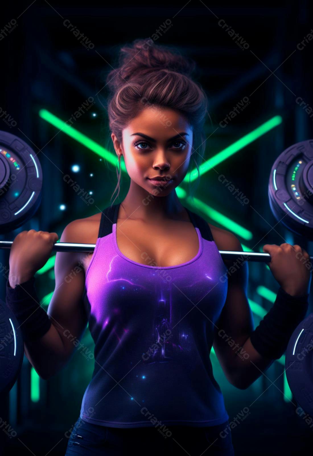 Mulher forte com barra academia fundo neon