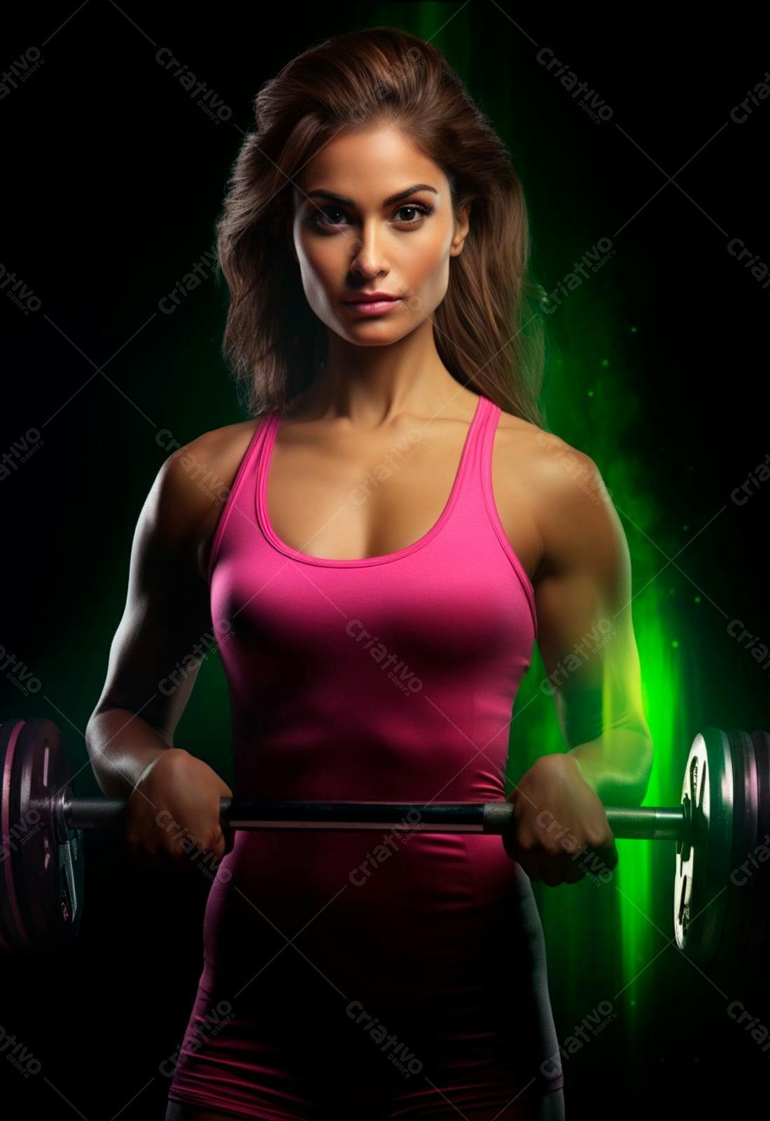 Mulher forte segurando barra academia fundo verde