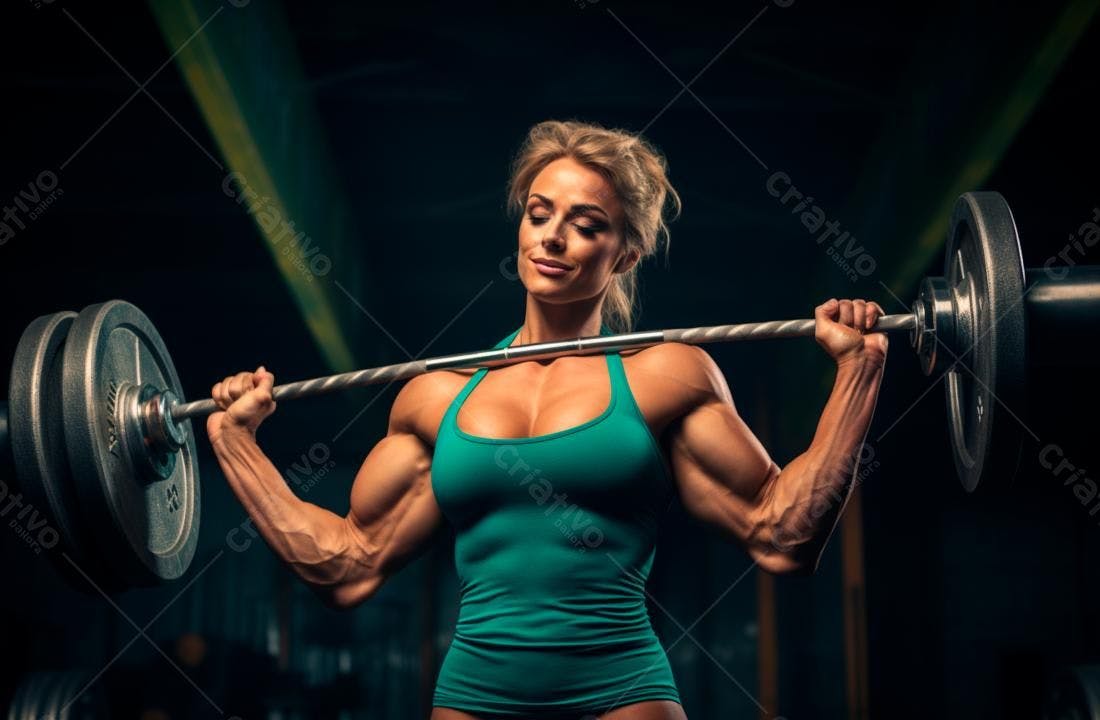 Mulher fisiculturista com barra academia